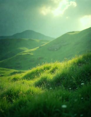 The primary subject of the image is a lush green hillside with a grassy field. The setting is a mountainous area with a sunny day, creating a serene and peaceful atmosphere. The visual style is a photo, capturing the natural beauty of the landscape. The dominant colors are green, which is prevalent in the grass and the hillside, and the sunlight creates a warm and inviting mood.